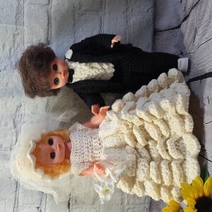 Vintage Angel Bride And Groom Dolls Crochet Attire 14"